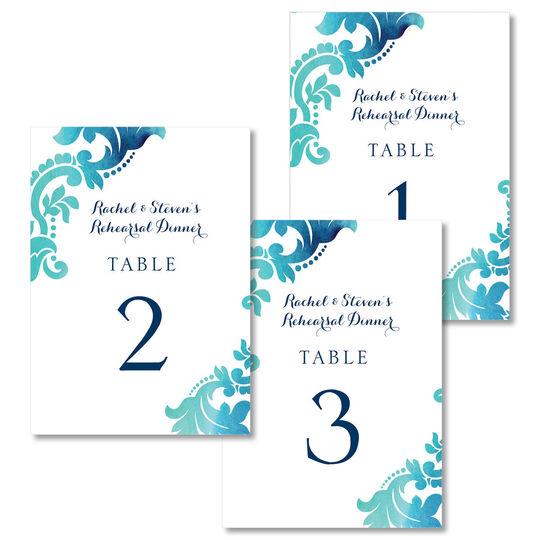 Teal Watercolor Damask Table Number Cards